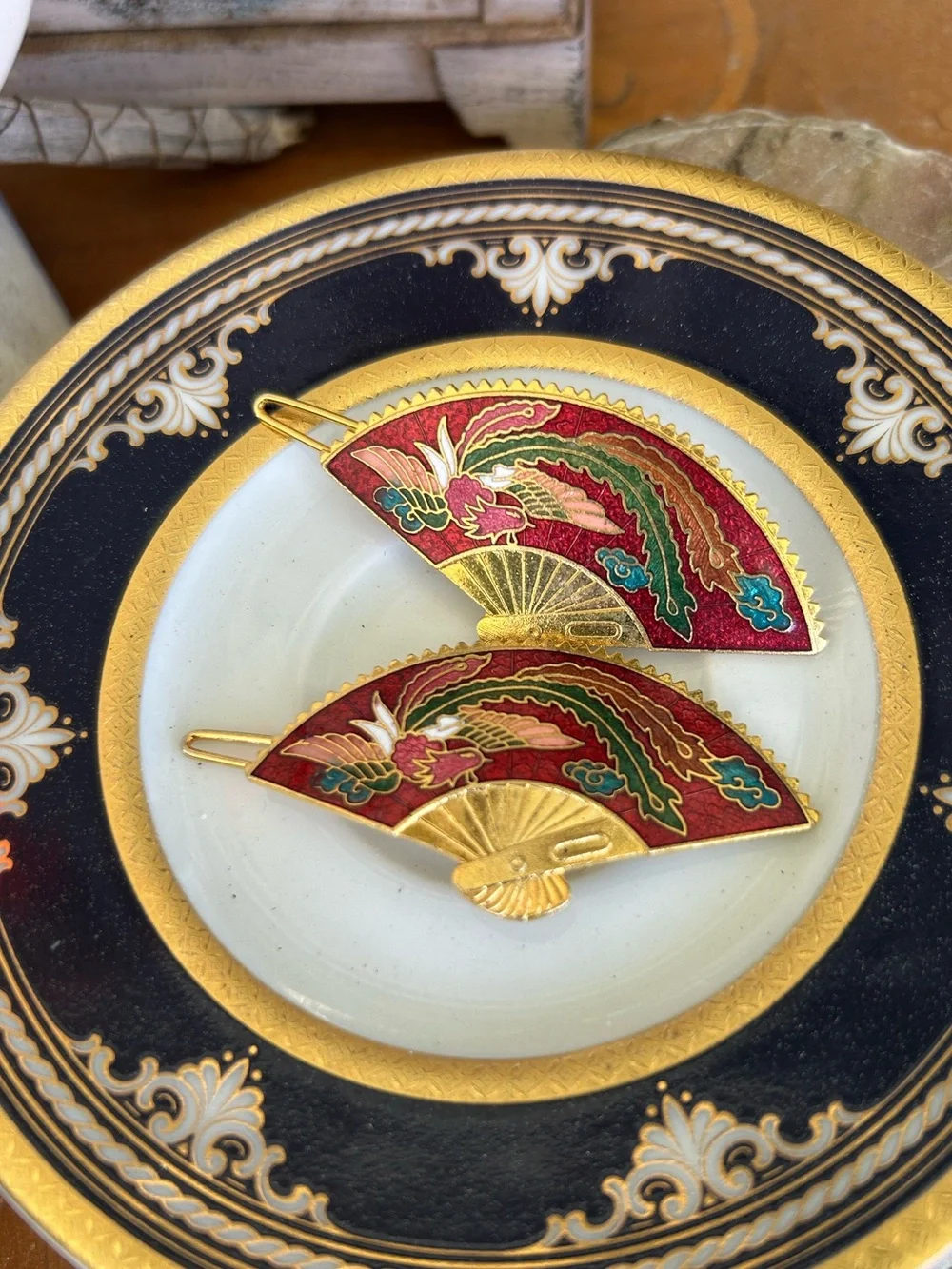 Vintage Cloisonné Fan Hair Barrettes